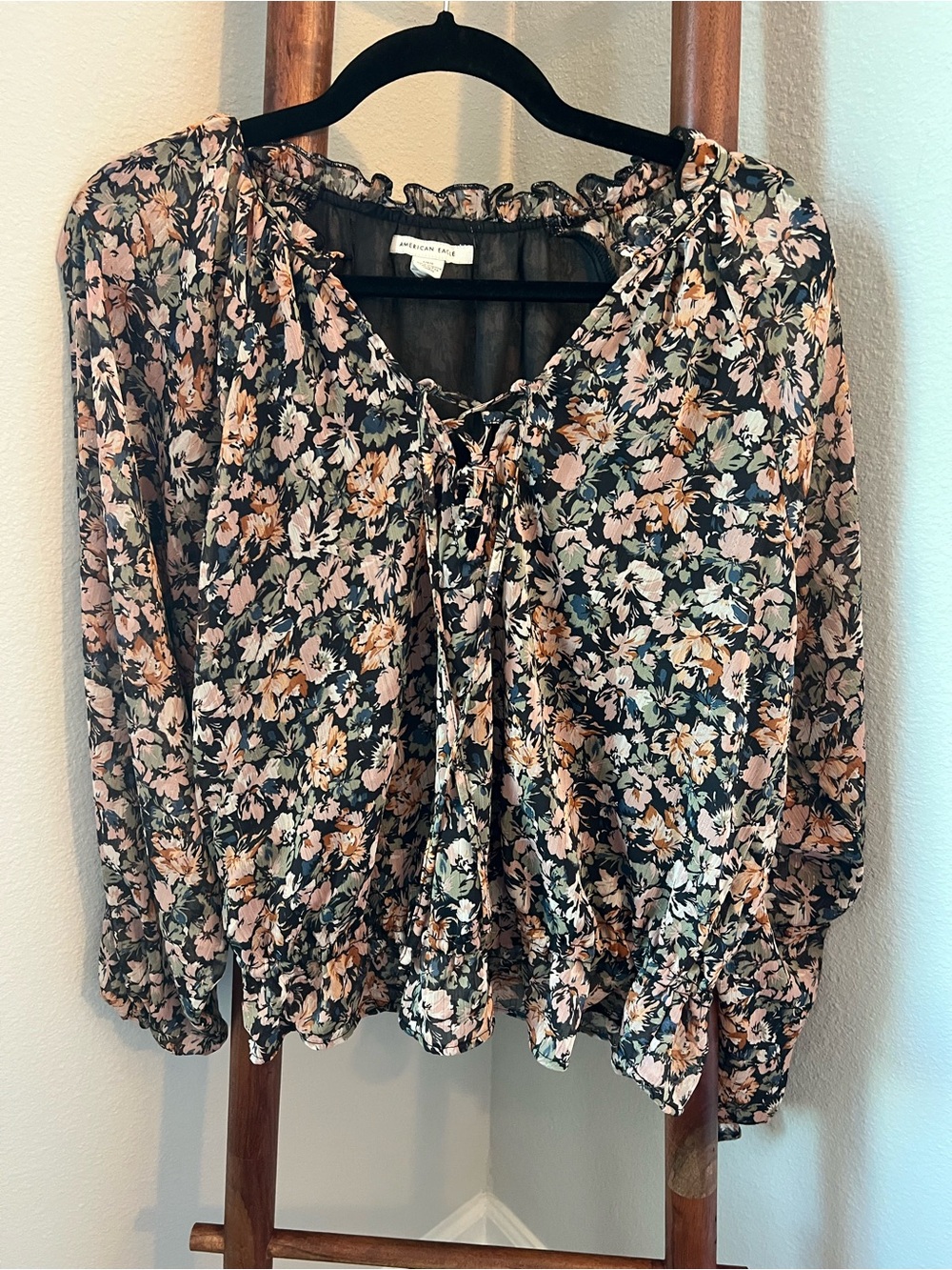 American Eagle Outfitters Black Floral Tie-Front Peasant Top